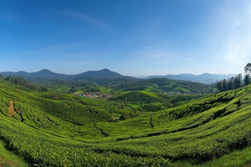 Fototapeta premium Rolling green tea plantations are displayed under a bright blue sky