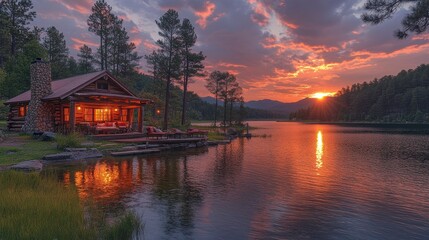 Fototapeta premium Lakeside cabin glows under vivid sunset. Serene scenery