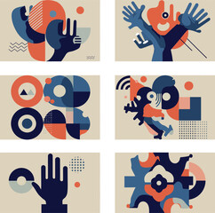 Abstract hands and shapes in bold colors showcasing modern flat design vector art