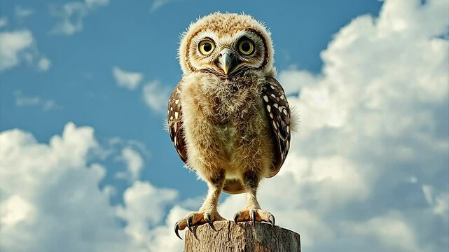 Adorable fluffy owlet perched on a wooden post against a vibrant blue sky with fluffy white clouds