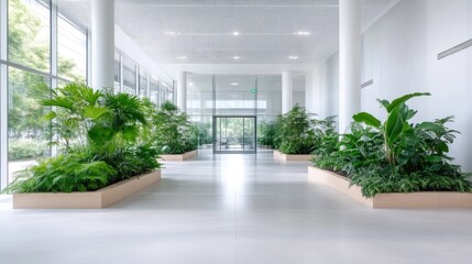 Modern, bright hallway with lush greenery