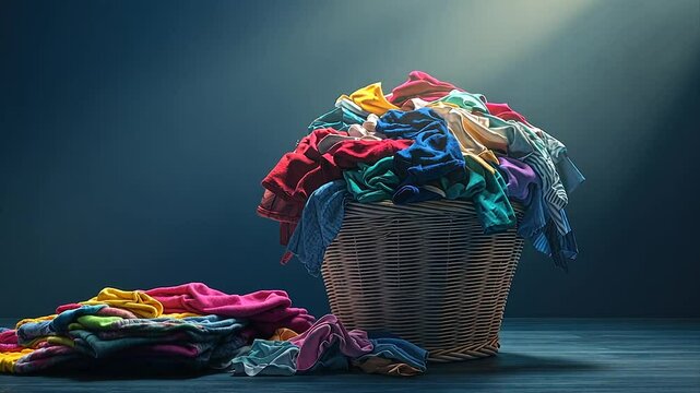 Overflowing laundry basket with colorful clothes
