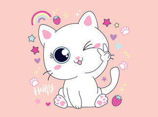 Vector illustration, happy white cat posing. Design for printing on shirt, Templates for celebration, poster, banner. Lovely print for t-shirt