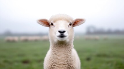 Obraz premium Single Sheep in Pasture Soft Focus High Resolution Portrait Close-up View Fluffy Fleece Peaceful Gaze Misty Field Soft White Tones Ideal for Farm Branding