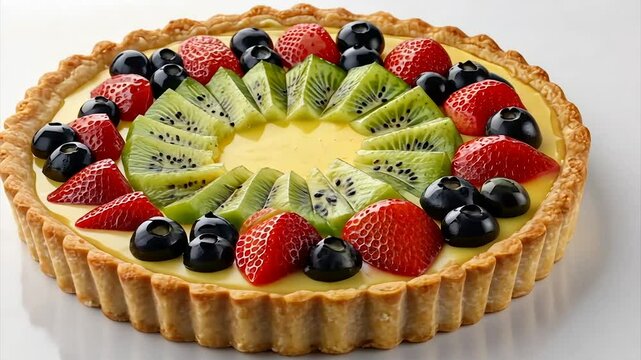 Fresh fruit tart with a creamy lemon filling.  A delightful dessert with a flaky crust, topped with vibrant kiwi, strawberry, and blueberry slices arranged in a decorative pattern