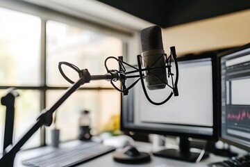 Microphone in a studio setting with computer monitors and natural light.