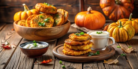 Autumn Harvest Pumpkin Fritters with Creamy Dipping Sauce on Rustic Wooden Table