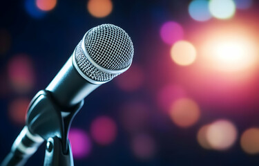 Close-up of a microphone against a blurred colorful background, symbolizing music, performance, and communication in a vibrant setting.