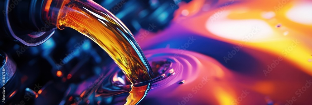 Poster surreal macro shot capturing vibrant fuel flowing smoothly into a car engine with neon hues illumina