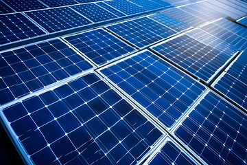 Close-up of solar panels highlighting renewable energy and sustainable technology under clear light conditions.
