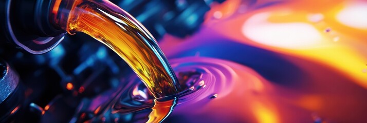 Surreal macro shot capturing vibrant fuel flowing smoothly into a car engine with neon hues illuminating the intricate details of the machinery