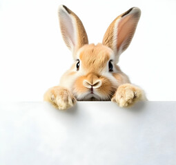 Obraz premium Cute bunny with big ears peeking over a blank surface, showcasing its adorable features and playful personality.