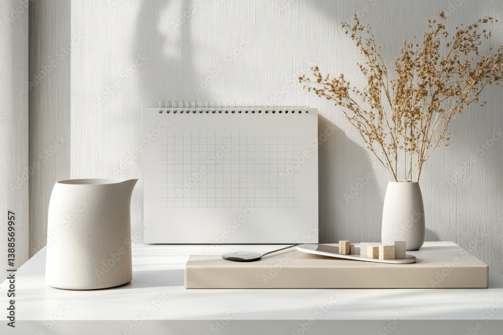 Leinwandbilder modern desk calendar featuring blank grid and soft neutral tones on tidy workspace with decorative e