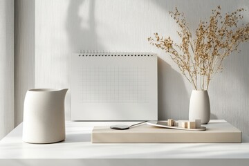 Modern desk calendar featuring blank grid and soft neutral tones on tidy workspace with decorative elements in the morning light