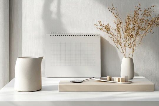 Modern desk calendar featuring blank grid and soft neutral tones on tidy workspace with decorative elements in the morning light
