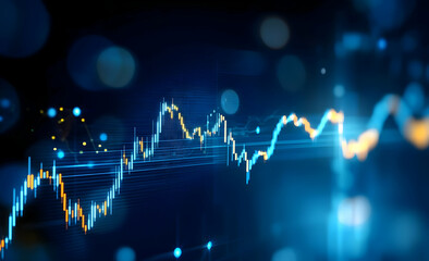 Dynamic stock market analysis graphic showcasing upward trends and data analytics on a blue background.