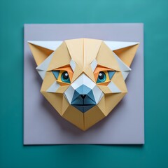 Stylized paper sculpture of a cat s face in geometric pattern and vibrant colors, 3d paper art of origami concept.