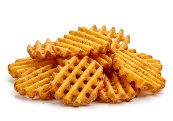 Pile of Crispy Waffle Fries with Seasoning on a White Surface