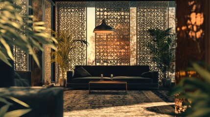 Serene Sunset Lounge: Modern Interior Design with Intricate Lattice Screens