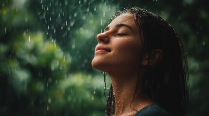Fototapeta premium Woman Enjoying Rain with Eyes Closed in a Lush Garden Setting