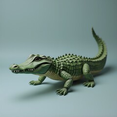 Obraz premium Intricately crafted paper crocodile model with textured scales on a soft green background, paper art of sculptural illustration concept.