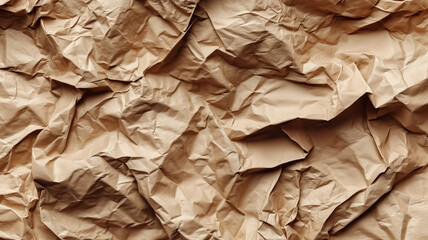 Heavily crumpled brown kraft paper creating deep shadows and textured surface in full frame closeup