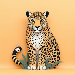 Stylized leopard artwork against a bright orange background with plants, digital illustration of character design concept.