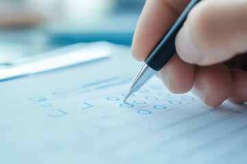 Close up of a hand using a pen to fill in multiple-choice answers on a printed questionnaire form, with focus on marking an option, Concept of survey, education, research and feedback gathering.