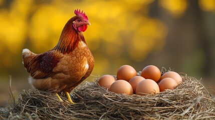 Brown hen beside nest filled with eggs against a bright, blurred background