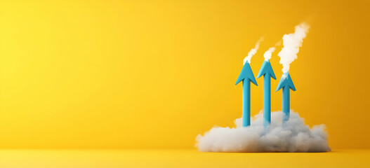 Illustration of smoke rising with arrows on a bright yellow background, symbolizing growth, pollution, or environmental change.