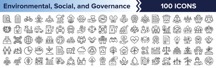 100 ESG Icons for Sustainability and Governance, line-style icons representing environmental, social, and governance concepts for sustainability, business ethics, and corporate responsibility.