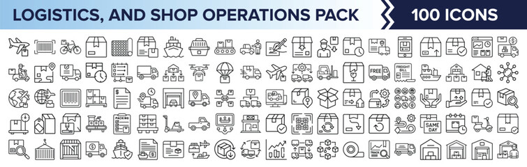 100 Logistics and Shop Operations Line Icons, Clean icon set illustrating logistics, delivery, packaging, warehousing, and shipping workflows for retail, e-commerce, and inventory systems.
