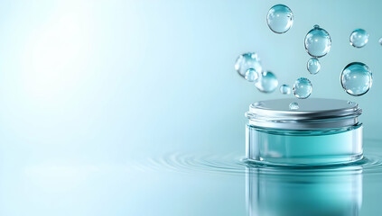 Stylish cosmetic jar with aqua gel, surrounded by water droplets. Ideal for beauty, skincare, and wellness themes.