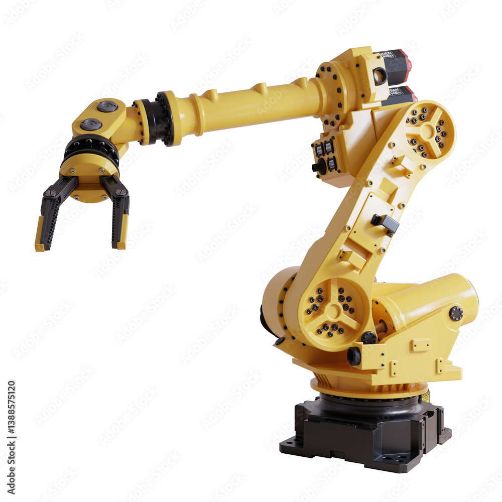 Fototapete Yellow robotic arm with gripper standing on transparent background- 3D rendering