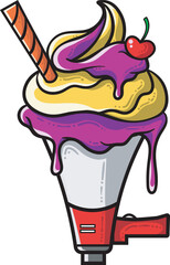 Fantasy Ice Cream illustration - speaker under the cream - purple and yellow cream include stick and berry upon the loudspeaker - fantasy ice cream concept - for design template - symbol or elements 