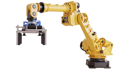 Yellow robotic arm with gripper standing on transparent background- 3D rendering