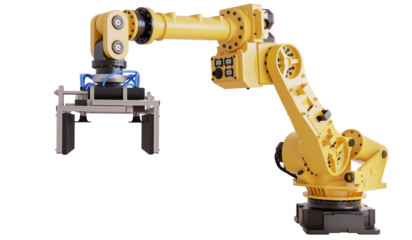 Yellow robotic arm with gripper standing on transparent background- 3D rendering