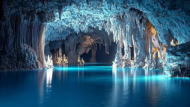 Subterranean lake in a cavern with stunning crystal formations