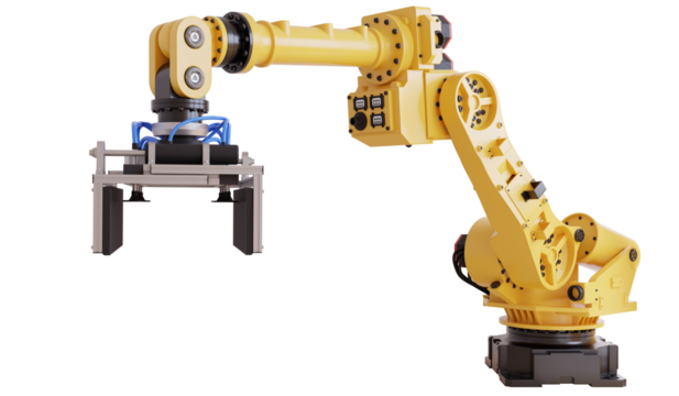 Yellow robotic arm with gripper standing on transparent background- 3D rendering