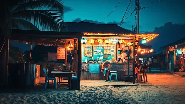 Cozy beachside shack illuminated at night with vibrant lights and palm trees