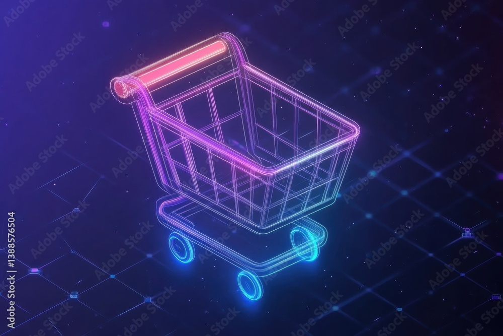 Leinwandbilder Minimalistic shopping cart icon with glowing lines against deep blue gradient background, representing futuristic e-commerce concept for digital transactions