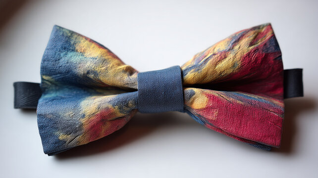 Multicolored artistic bow tie with blue center band featuring abstract paint-like pattern of blue, yellow and red against white background - Powered by Adobe