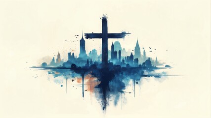 Christian Cross Watercolor Silhouette Against City Skyline Art Illustration