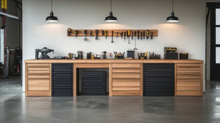 Modern Garage Workspace with Organized Tools and Clean Design for Efficient Functionality