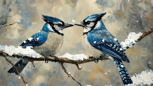 Two blue jays perched on a snow-covered branch, facing each other