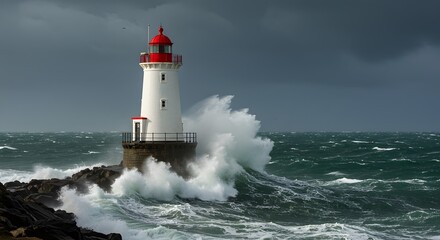 Obraz premium Majestic Lighthouse Endures Powerful Storm Waves