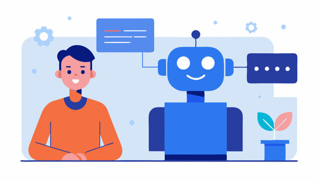 Customer Service Simulation A developer standing in front of a large screen presenting a simulated customer interaction with a chatbot highlighting its AI capabilities.