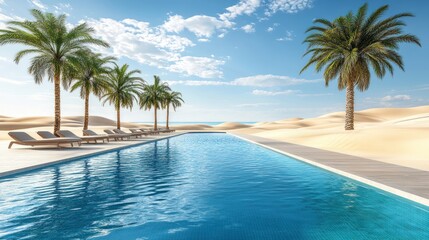 Obraz premium Tranquil desert oasis with a pristine pool, palm trees, and lounge chairs under a bright sunny sky.