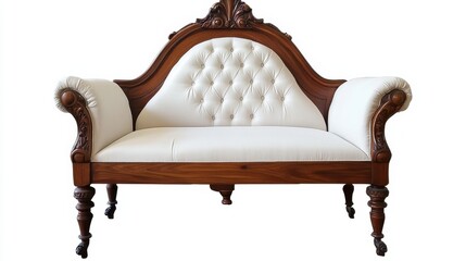 Elegant Vintage Upholstered Sofa with Intricate Wooden Carvings