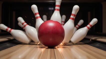 Bowling Strike: Red Ball Hitting Pins, Sports Action, Leisure Bowling Alley, Competitive Game, Team Bowling